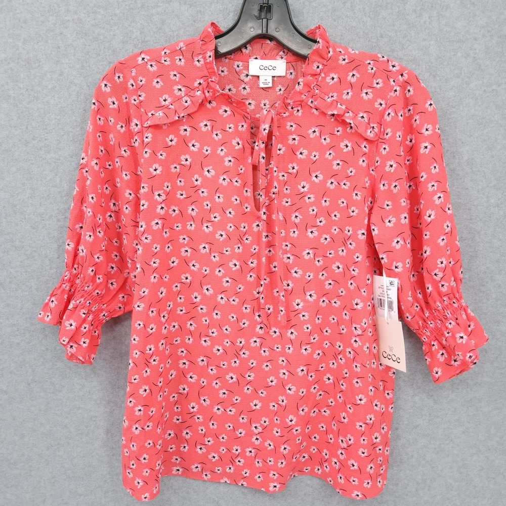 CeCe Floral Print 3/4 Sleeve Tie Neck Calypso Coral Pink Blouse Womens Size M